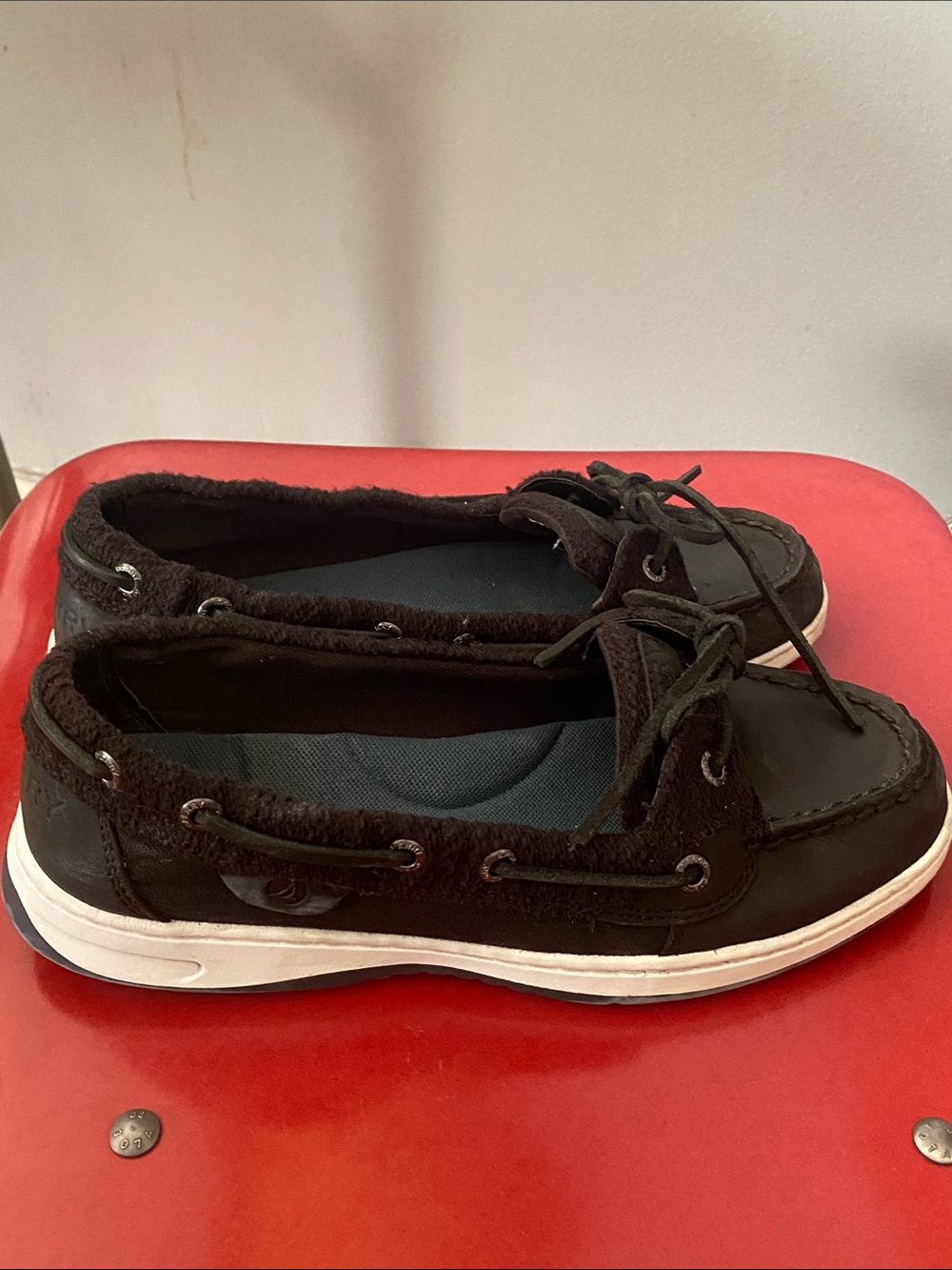Sperry Black Women’s Moccasin Boat Shoes with White Sole
